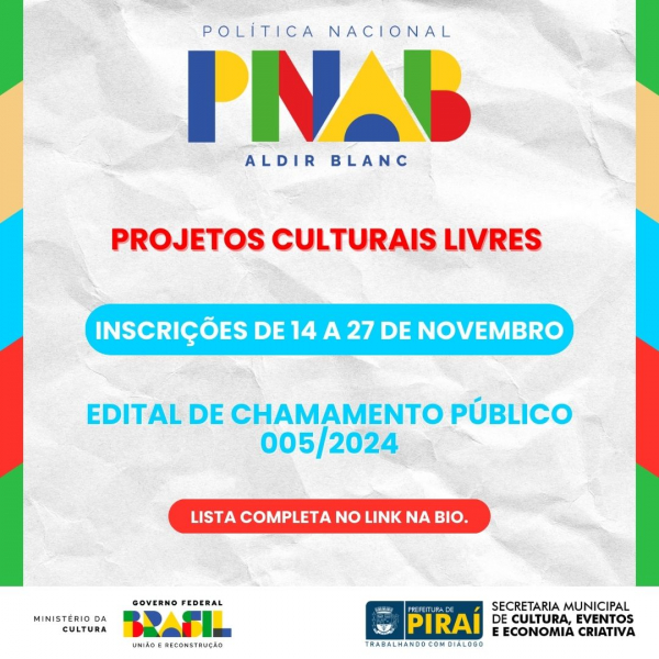 Prefeitura de Piraí lança edital para projetos culturais com apoio da Lei Aldir Blanc